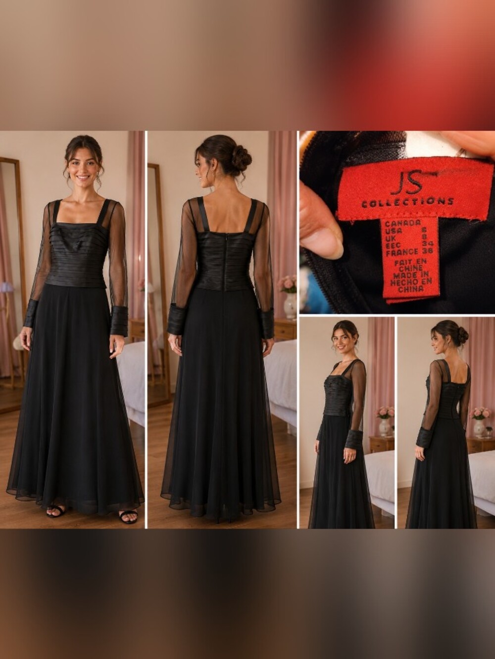 JS Collections Black Sheer-Sleeve Ruched Bodice Maxi Dress